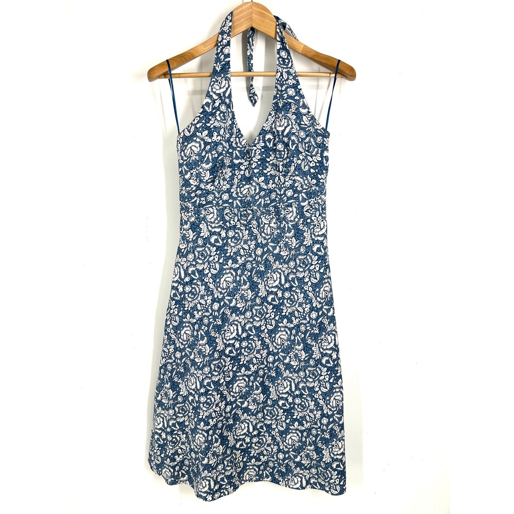 J.Crew Y2K Blue White Floral Cotton Halter Dress 6 V-Neck Backless Summer Mini